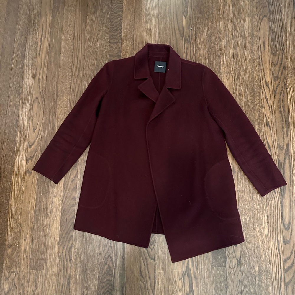 Theory Women's Deep Burgundy Notch-Collar Pea Coat - Picture 2 of 3